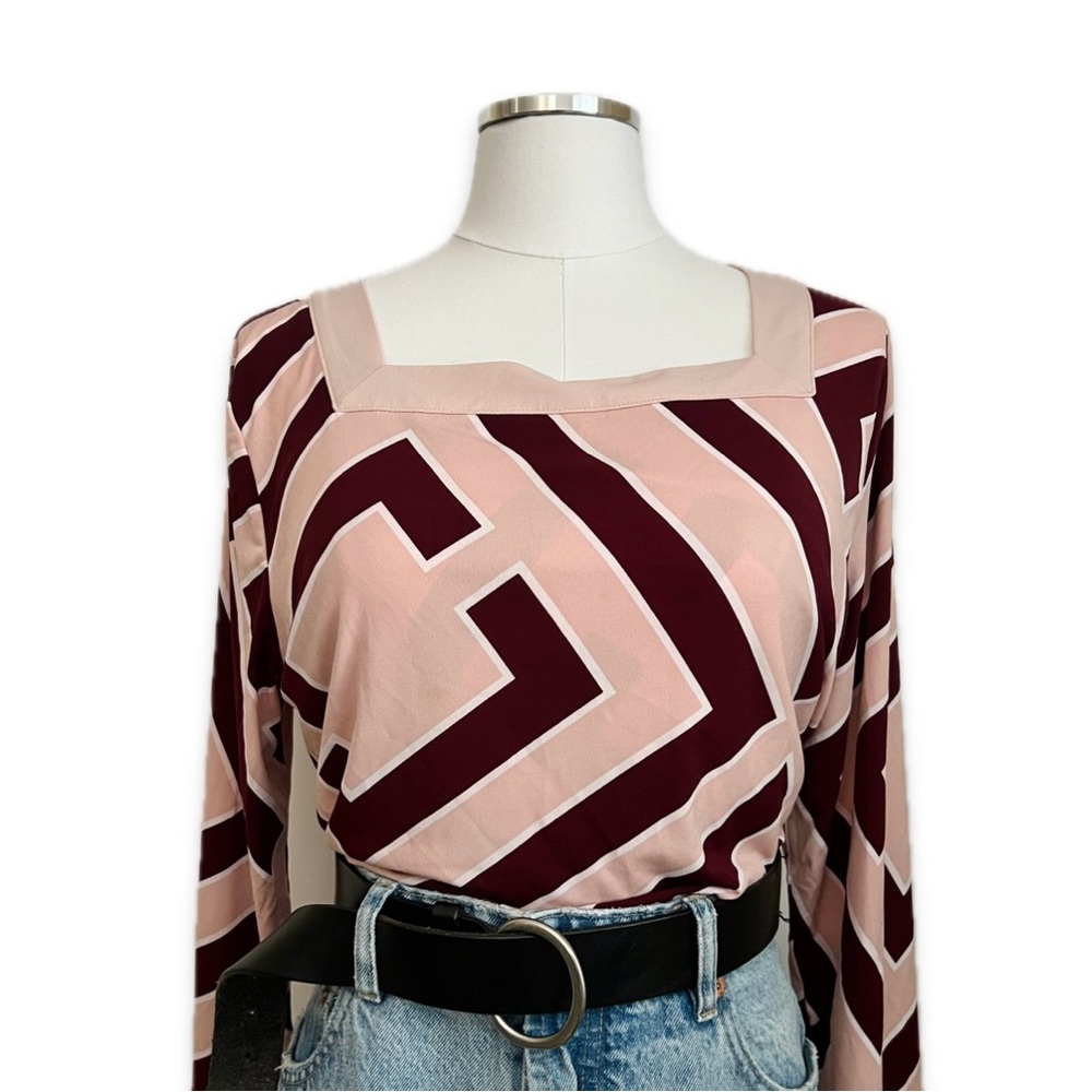 liz claiborne | pink red geometric print 3/4 sleeve square neck blouse | sz l